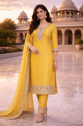Mustard Yellow Crush Fabric Embroidered Suit Set