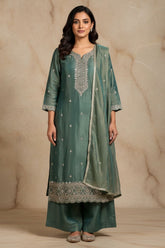 Elegant Sea Green Fandy Silk Embroidered Suit Set