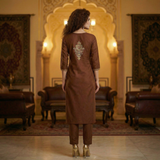 Elegant Brown Embroidered Kurta Set with Statement Neckline