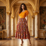 Mustard Embroidered Top with Floral Printed Flared Midi Dress
