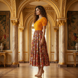 Mustard Embroidered Top with Floral Printed Flared Midi Dress