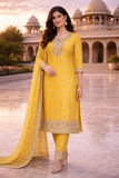 Mustard Yellow Crush Fabric Embroidered Suit Set