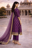Royal Purple Crush Fabric Embroidered Suit Set