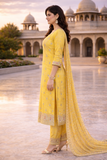 Mustard Yellow Crush Fabric Embroidered Suit Set