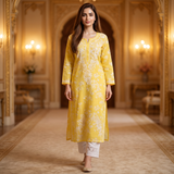 Elegant Yellow Chikankari Cotton Kurta Set