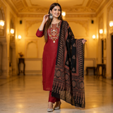 Premium Embroidered Cotton Kurti Set with Dupatta ❤️🖤