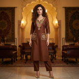 Elegant Brown Embroidered Kurta Set with Statement Neckline