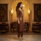 Elegant Brown Embroidered Kurta Set with Statement Neckline