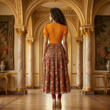 Mustard Embroidered Top with Floral Printed Flared Midi Dress